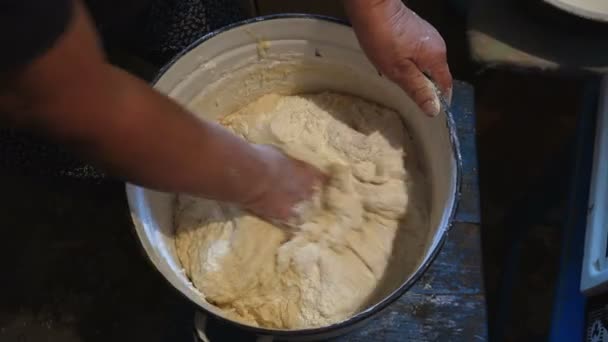 女性の手は 農家の家の鉄フライパンでパンを作るための生地をこねます 手動パン作り — ストック動画