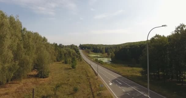 Εναέρια Άποψη Του Αυτοκινητόδρομου Φθινοπωρινό Δάσος Γέφυρα Πάνω Από Την — Αρχείο Βίντεο