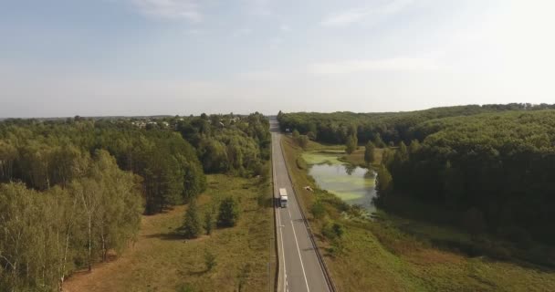 Aerial View Highway Autumn Forest Bridge Ravine Forest Lake — Stock Video