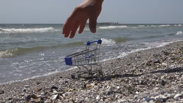 Mužova Ruka Nabere Supermarket Vozíku Obchodu Potravinami Který Stál Moři — Stock video