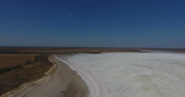 地平線に白い塩の湖 白い風景の空撮 地平線上の飛行の鳥カモメ — ストック動画