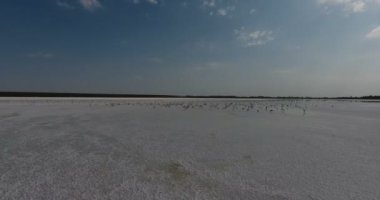 Bir beyaz tuz gölü, beyaz manzara ufuk için hava görünümünü. Ufukta uçan kuşlar martılar
