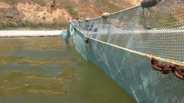 Movimento Longo Redes Pesca Secas Que Penduram Pólos Largo Costa — Vídeo de Stock
