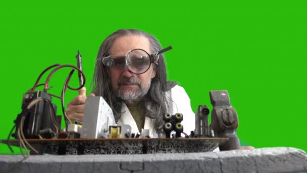 Žert Humor Portrét Dospělého Šíleného Vědce Bílém Plášti Legračních Brýlích — Stock video