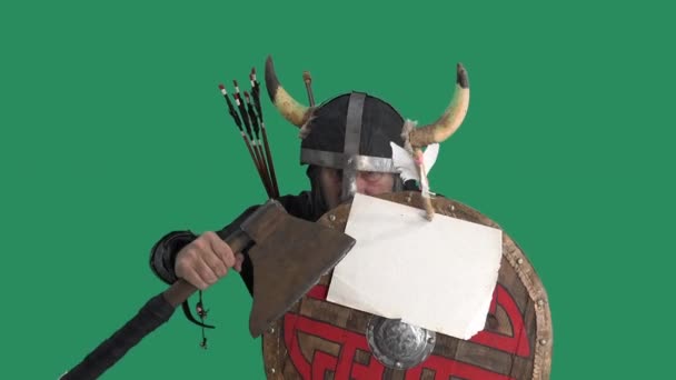 Portrait Mature Viking Warrior Shows Blank Sheet Paper Shield Aggressive — Stock Video