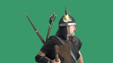 Korkunç halk savaşçısı portresi elinde baltayla kameraya doğru bakıyor. Yeşil arkaplan