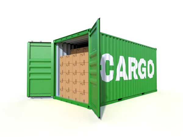 Ship cargo container side view with cardboard boxes — Stock Photo, Image