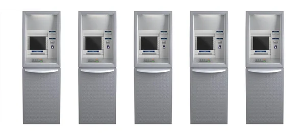 Line of five atm machines isolated on white — Stock Photo, Image