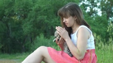 Güzel kız bir kedi yavrusu tutuyor ve okşuyor. Çizgili kulaklı İskoç kedi yavrusu sevgili sahibinin ellerinde. Küçük evcil. İnsanların hayvanlara sevgisi ve sevgisi