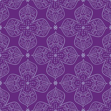 Şekillendirilmiş dantelli dantelli çiçek desenli dört köşeli motif doğası aralarında mor ve küçük çiçek unsurları üzerinde nötr grimsi mavi tonda geometrik infaz ile çiçek açmasına ilham verdi. Ticari yarar için, giysi, ev dekorasyonu, dijital alan, hatıra defteri.