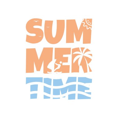 Yaz mevsiminde güneş ve su dalgalarıyla ilgili tipografi ayrıca palmiye ağacı da içerir. Hoş geldiniz Yaz Vektörü İllüstrasyon Tasarımı