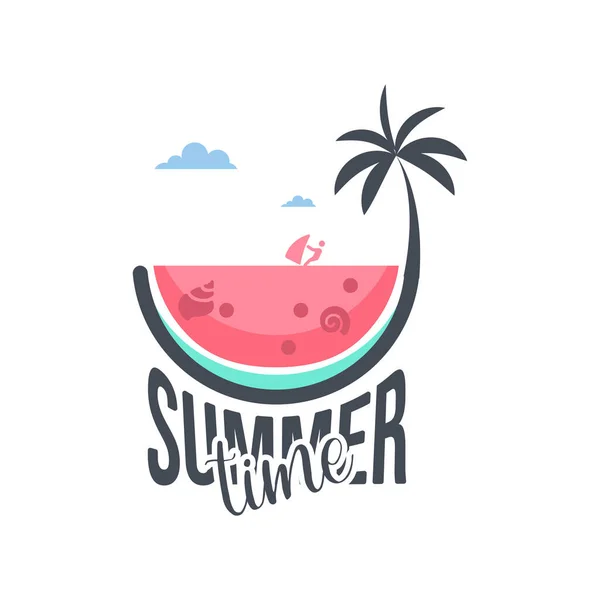 Typography Summer Time Sun Water Wave Also Palm Tree Welcome — Stock Vector