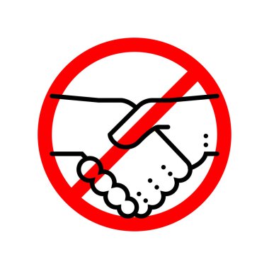 Kırmızı yasak işareti olan el sıkışma ikonu yok, fiziksel temas ve korona virüsü enfeksiyonundan kaçınıyor. vektör simgesi