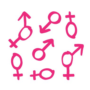 El çizimi cinsiyet sembolleri. Karalama tarzında kadın ve erkek işaretleri. Cinsiyet farklılıkları, cinsiyet rolü ve cinsel yönelim hakkında vektör illüstrasyon