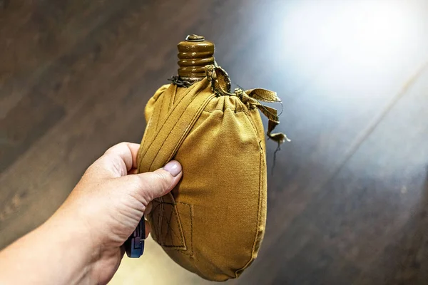 Old Soldier Flask Case Woman Hand — Stock Photo, Image