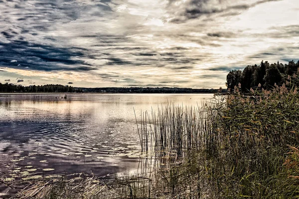 Sole Estivo Sorge Presso Tranquillo Lago Haapavesi Finlandia Cielo Drammatico — Foto Stock