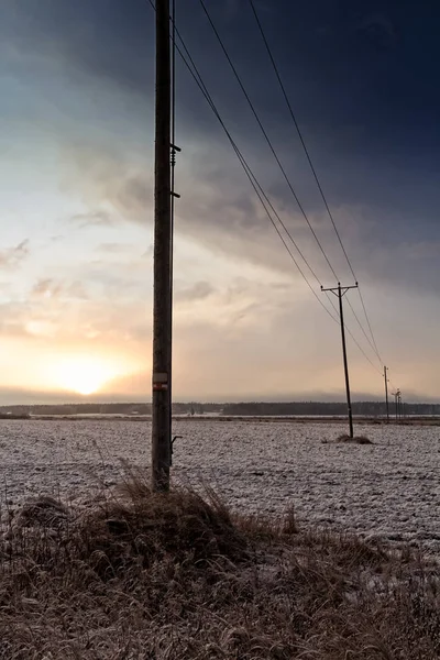 The winter sun rises over the frosty fields of the rural area in the Northern Finland. The old telephone lines cross the fields.