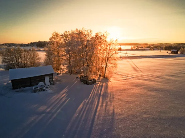 Заходящее Солнце Создает Длинные Тени Заснеженных Полях Сельской Финляндии Холодный — стоковое фото