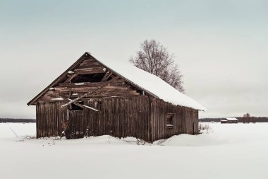 Karlı tarlalarda terkedilmiş Barn evi