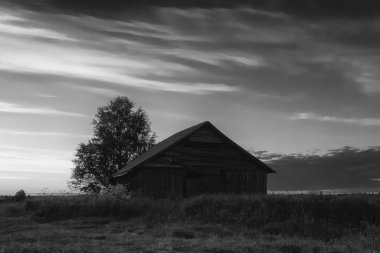 Finlandiya 'nın kırsalında yaz ortasında güzel bir günbatımına karşı eski bir ahır..