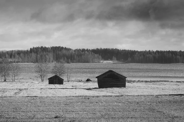 Två Gamla Ladugårdar Står Höstfälten Vid Sjö Norra Finland Himlen — Stockfoto