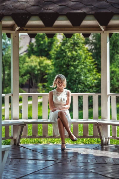 Portrait Beautiful Young Woman White Dress Girl Park — Stock Photo, Image