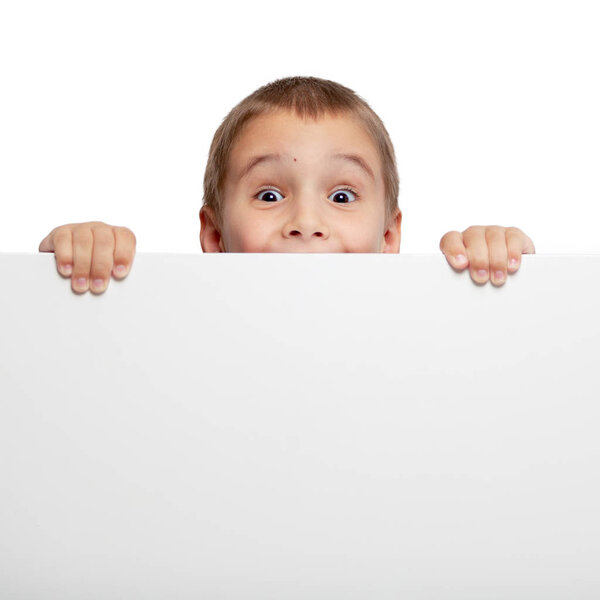 Banner with a surprised child peeking at the edge. Photo on a white background