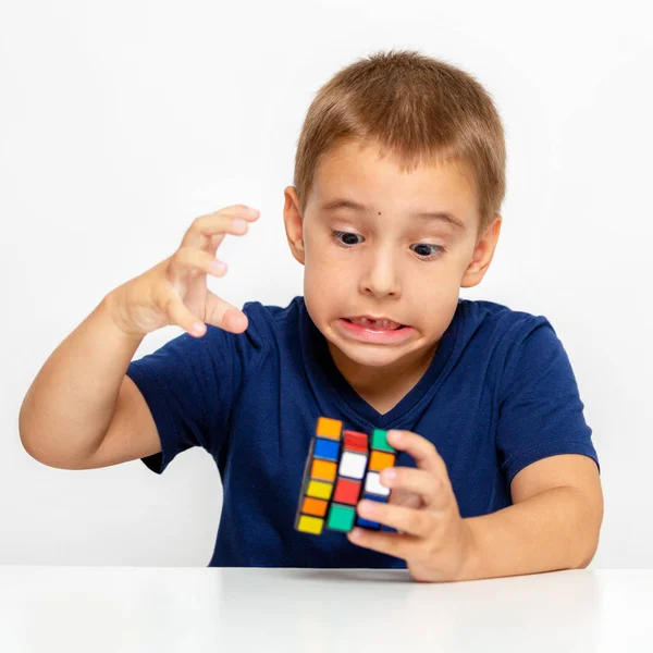 Angry Boy Child Can Collect Cube — Stock Photo, Image