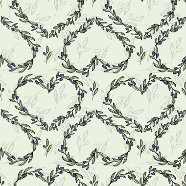 Zeytin dalı kalp çerçevesi çizilmiş el, tekstil tasarımı için kusursuz desen bırakıyor. Basit satır sanatı monokrom arkaplanı.