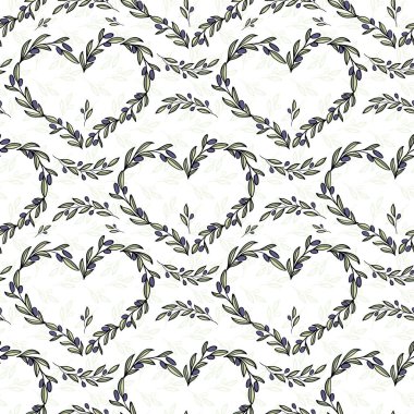 Zeytin dalı kalp çerçevesi çizilmiş el, tekstil tasarımı için kusursuz desen bırakıyor. Basit satır sanatı monokrom arkaplanı.