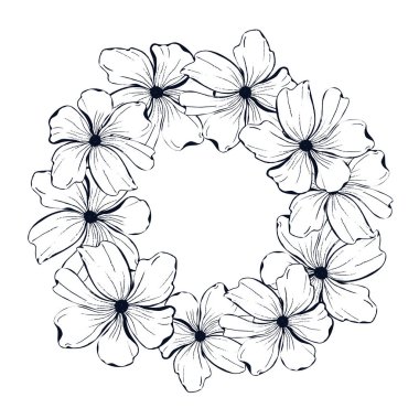 Beyaz arkaplanı olan siyah beyaz bir çiçek çelengi. Çiçekler stil olarak çizilir, her yaprak ve özenle özetlenir.