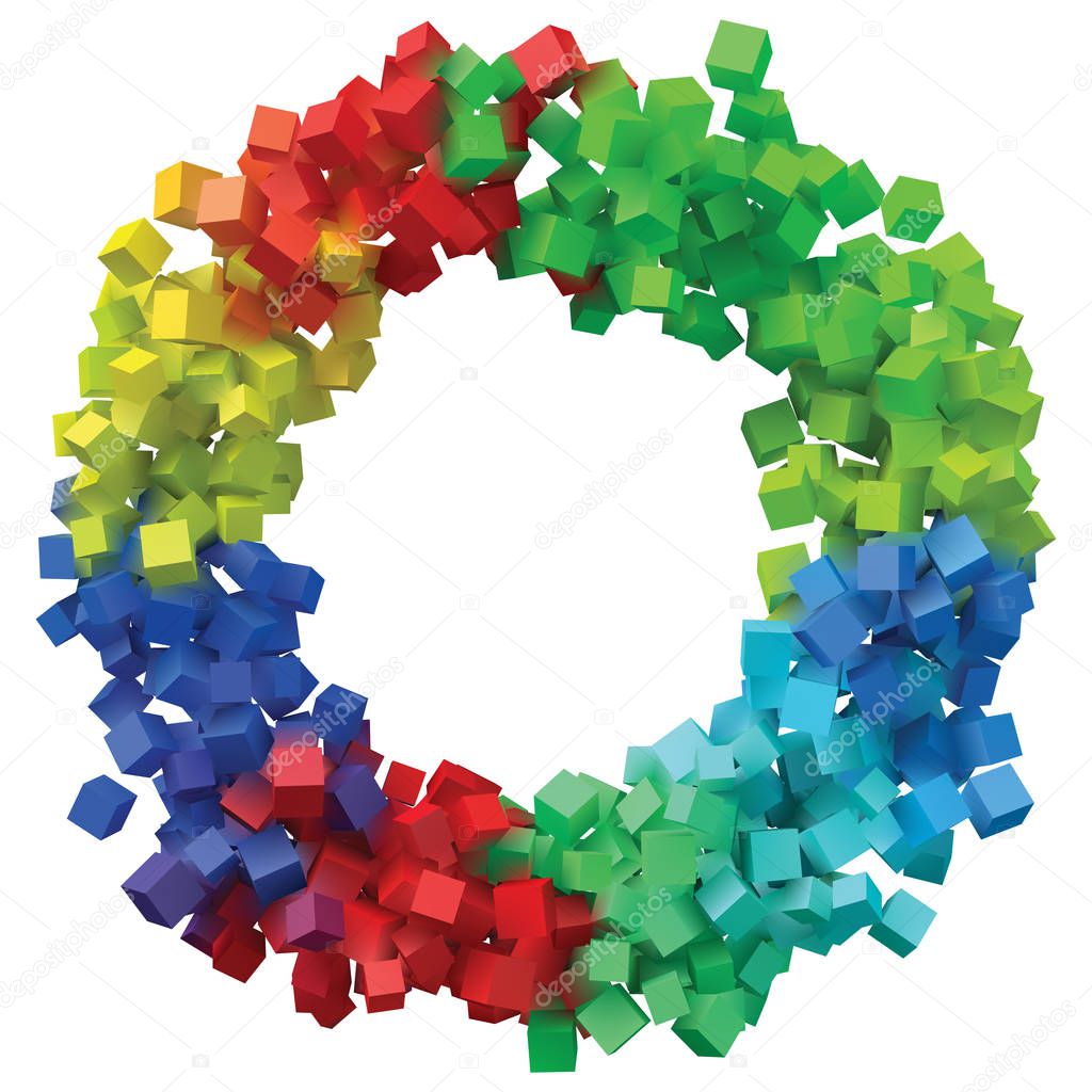 circular frame formed by random sized colorful cubes