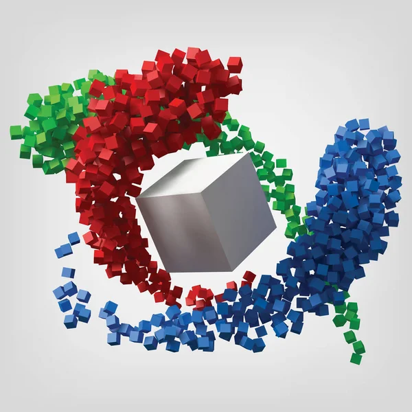 Concepto teory color con rojo, verde y azul senderos cubo orbitando alrededor de gran cubo blanco. 3d estilo vector ilustración . — Vector de stock