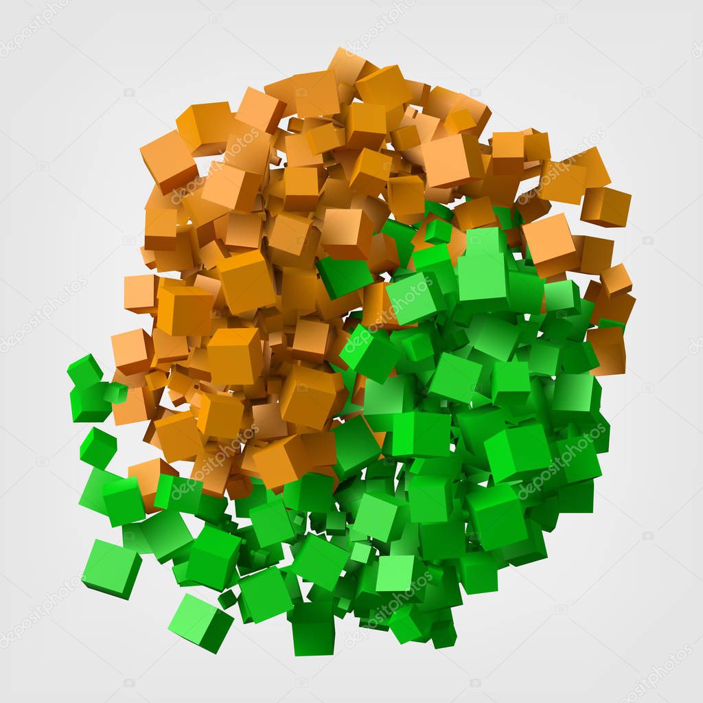 different colored cube trails rotating as ying and yang symbol. 3d style vector illustration.