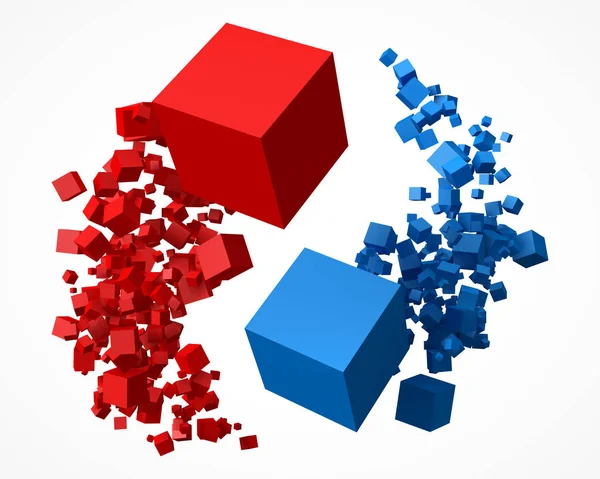 Hejno červené a modré kostky, rotujících kolem sebe. 3D styl vektorové ilustrace — Stockový vektor
