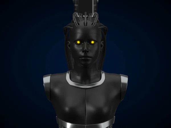 Artificiell intelligens hub, mörka droid version. 3D illustration, framifrån — Stockfoto