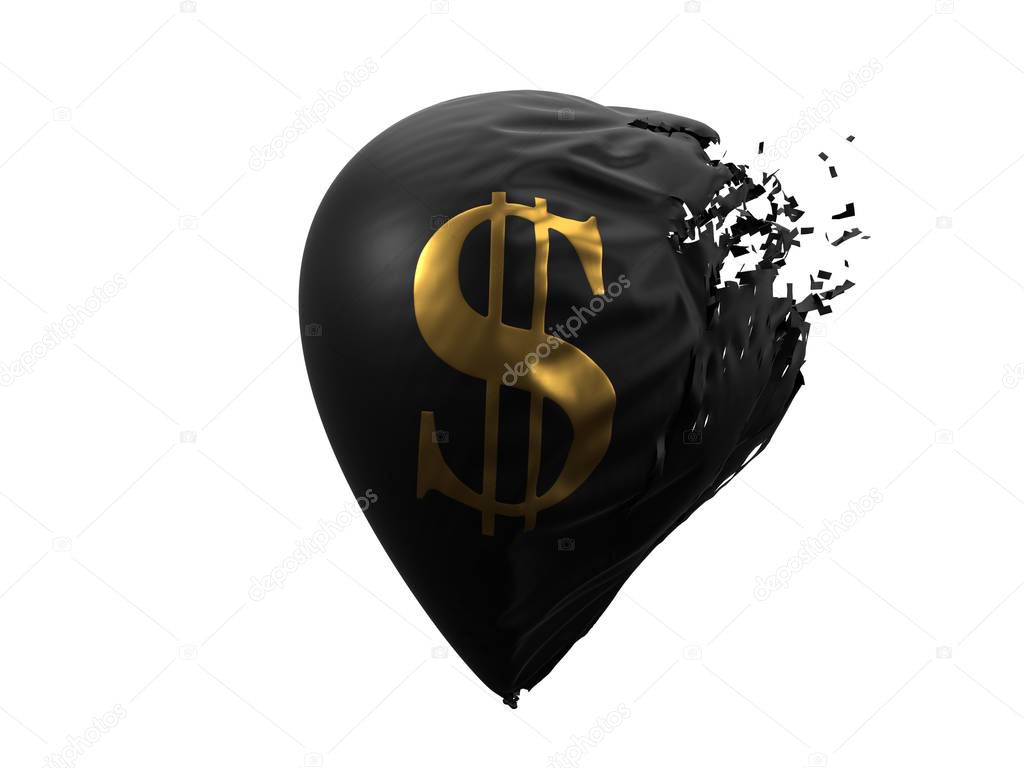 exploding dollar currency balloon. 3d illustration