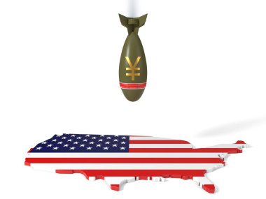 Ekonomi ve ticaret savaşları konseptiyle yuan para birimi bomba ve ABD ülke harita. 3D çizim