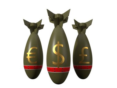 Ekonomi ve ticaret savaşları kavramı ile Döviz Alım bomba ve ülke harita. 3D çizim