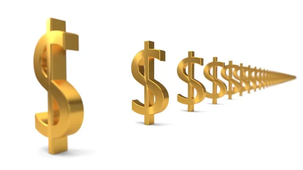 Goldene Dollarwährungen auf weißem Hintergrund. 3D-Illustration — Stockfoto