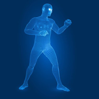 Dijital adam şekil mücadele muhafız poz 3d tel kafes stil vektör çizim