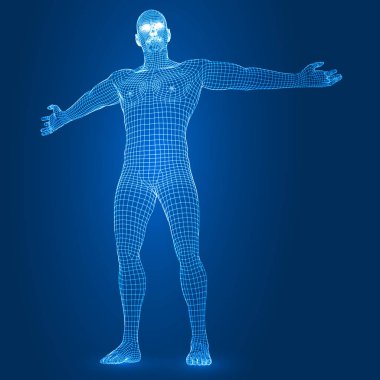 zorlu dijital erkek figürü. 3D tel kafes stil vektör çizim