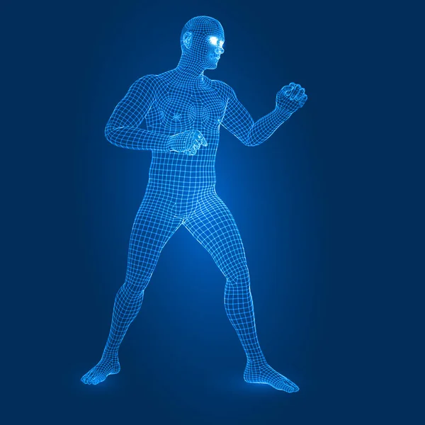 Digital man figure in fight guard pose 3d wireframe style vector illustration - Stok Vektor