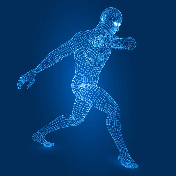Figure de l'homme numérique dans la pose de combat illustration vectorielle de style wireframe 3D . — Image vectorielle