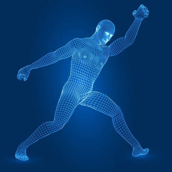 Figur manusia digital dalam pertarungan pose 3d gambar vektor gaya wireframe . - Stok Vektor