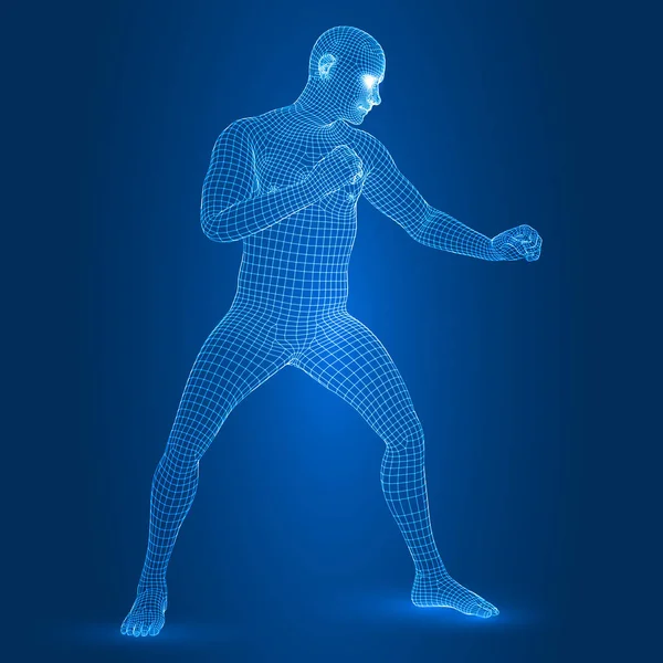 Digital man figure in fight guard pose 3d wireframe style vector illustration - Stok Vektor