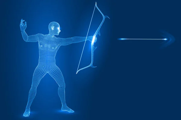 Figure de l'homme numérique comme archer, illustration vectorielle de style wireframe 3D . — Image vectorielle