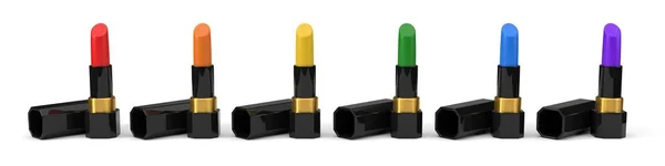 Bunte Lippenstifte, sortiert nach Farben. 3D-Illustration — Stockfoto