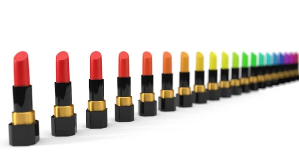Kolorowe szminki posortowane według kolorów. ilustracja 3D — Zdjęcie stockowe