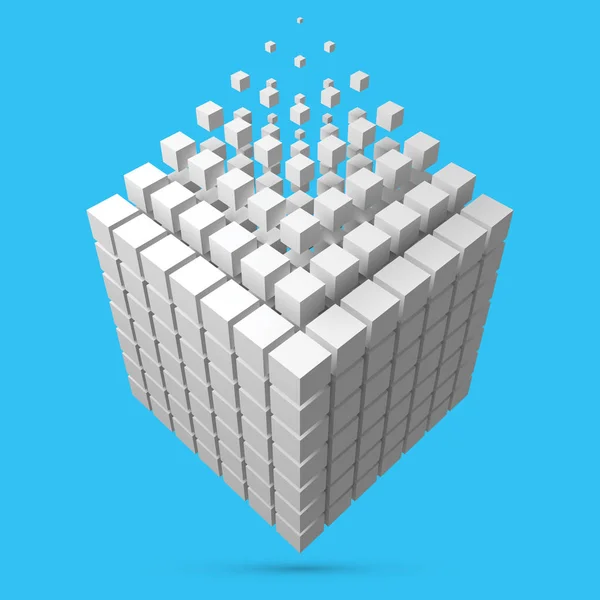 Grande esfoliação de cubo que se dissolve a pequenos cubos. ilustração vetorial estilo 3d . — Vetor de Stock